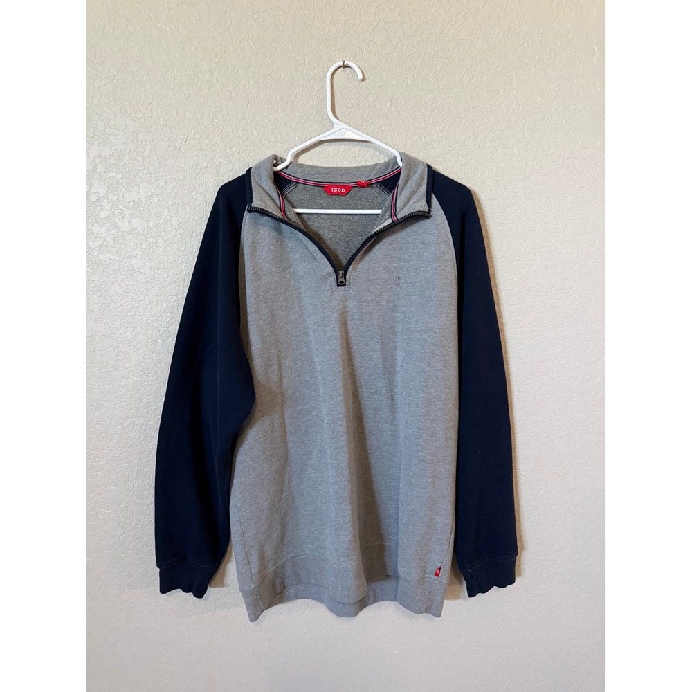 IZOD Mens 1/4 Zip Pullover Sweatshirt Gray Navy Blue Raglan Fleece Large